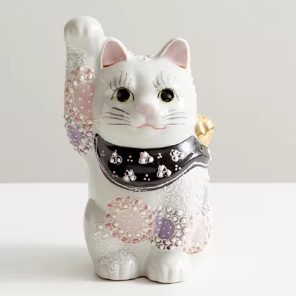 九谷焼 4号招き猫・花むらさき a05 焼き物 民芸品 工芸品 インテリア 