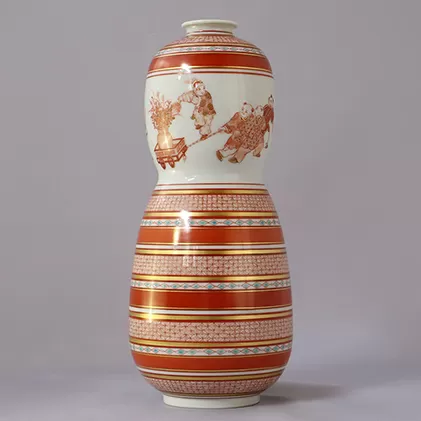 福島武山 赤絵唐子遊文九谷焼飾瓶 a05 民芸品 工芸品 