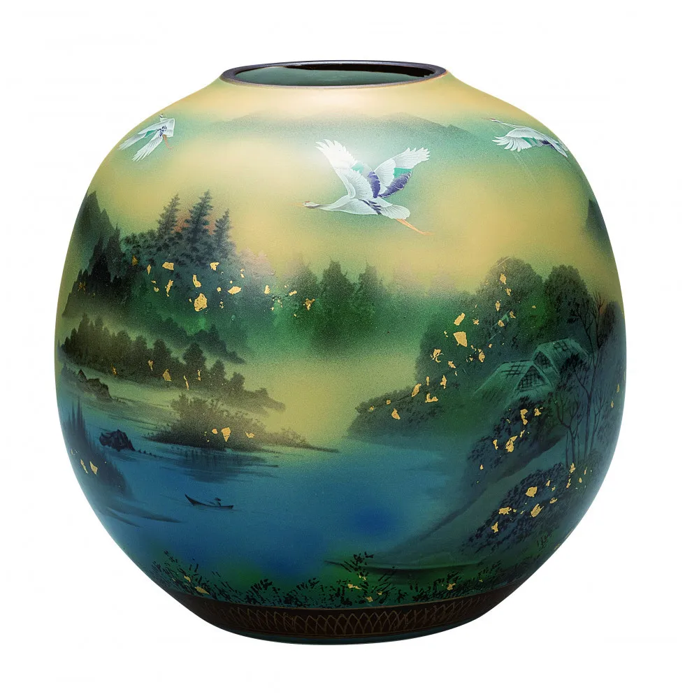 九谷焼 8号花瓶 金箔鶴山水 a05