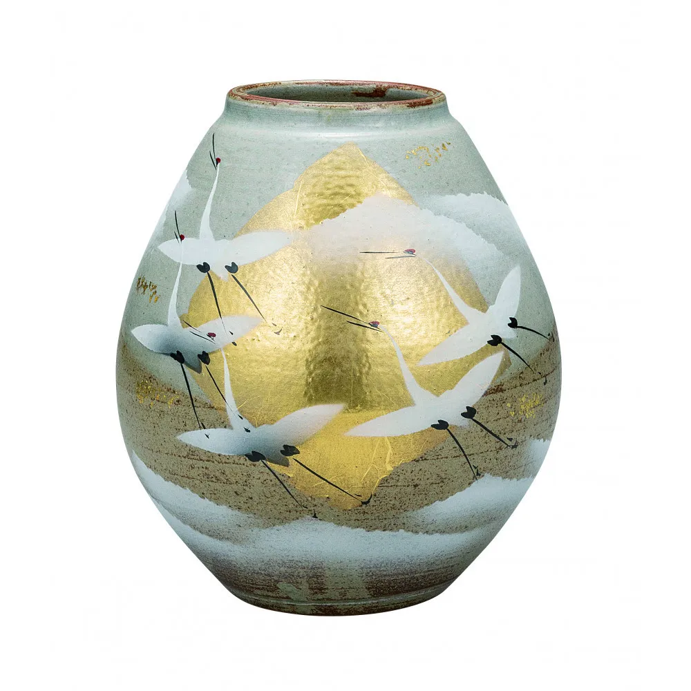 九谷焼 7.5号花瓶 金箔群鶴 山田登陽志 a05