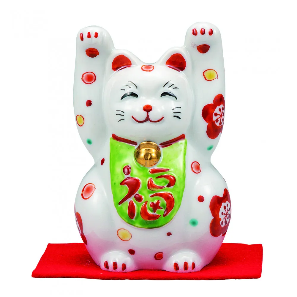 九谷焼 3号両手招き猫 花文(敷物付) a05