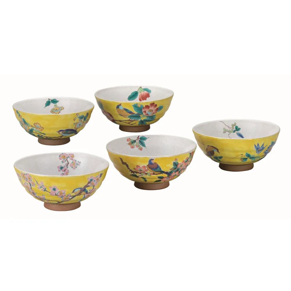 九谷焼　 5客飯碗　吉田屋花鳥絵変り　a02