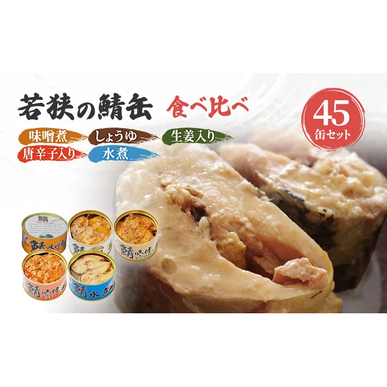 サバ缶 食べ比べセット 45缶 セット 詰め合わせ 若狭の鯖缶 5種 味噌煮 しょうゆ 生姜入り 唐辛子入り 水煮 鯖缶 さば缶 さば サバ 鯖 缶詰 缶詰め 魚 魚介 魚介類 海鮮 水煮缶 食べ比べ 福井 福井県 若狭町