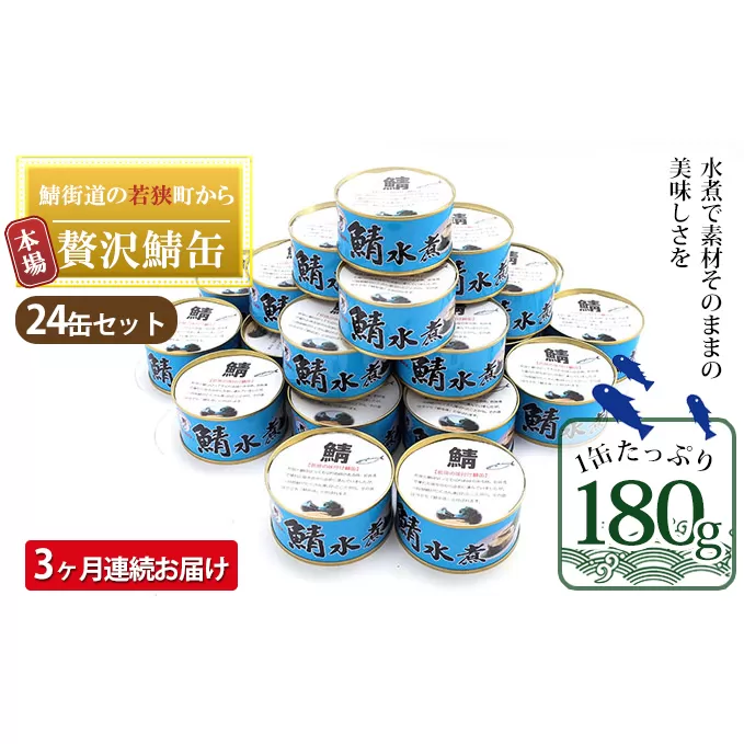 【3ヶ月連続お届け】若狭の鯖缶24缶セット（水煮） 加工食品 魚の加工品 鯖の缶詰 水煮缶 鯖の水煮 鯖の水煮缶 つまみ 調理 食材 魚の缶詰 お魚 食品 ストック 塩味 ノルウェー産 ノルウェー産鯖 DHA 便利 手軽 酒のあて 