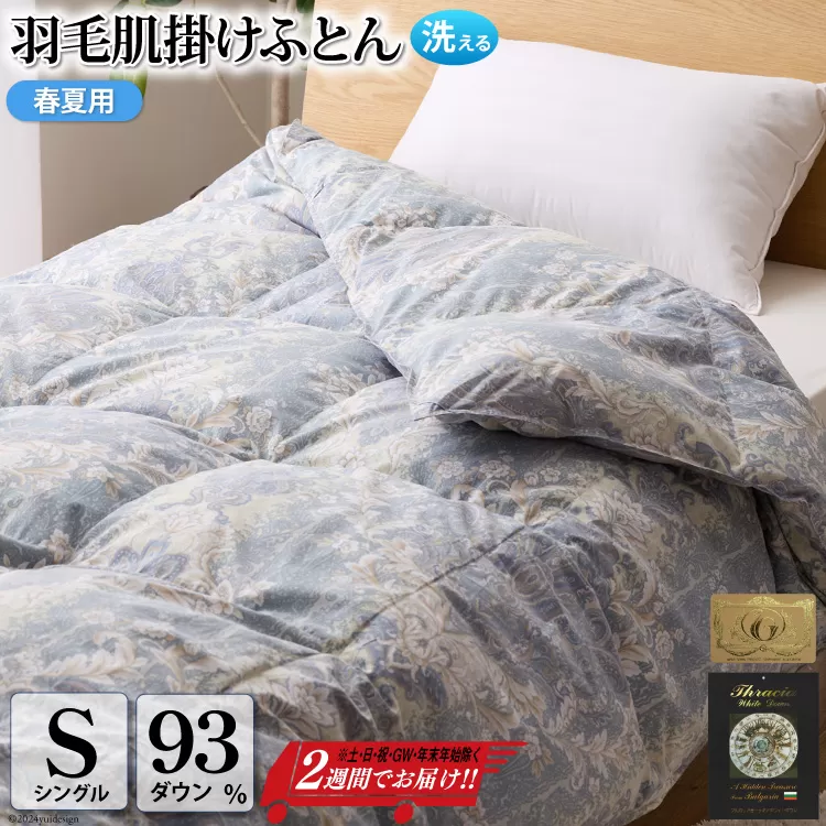 【春夏用】洗える！ 羽毛布団 ダウンケット シングル ホワイトダック93% 0.4kg 青系(柄あり) [川村羽毛 山梨県 韮崎市 20742871] 羽毛 布団 ふとん 羽毛ふとん 掛け布団 肌掛け布団 寝具 夏用 洗える 日本製 国産 抗菌防臭