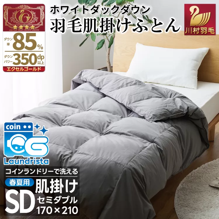 【春夏用】洗える！ 羽毛 肌掛け布団 セミダブル ホワイトダックダウン 85%  (無地 グレー) 羽毛布団 布団 ふとん 羽毛 肌掛け 掛け布団 寝具 夏用 日本製 国産 抗菌防臭 無地 コインランドリー [川村羽毛 山梨県 韮崎市 20745099]