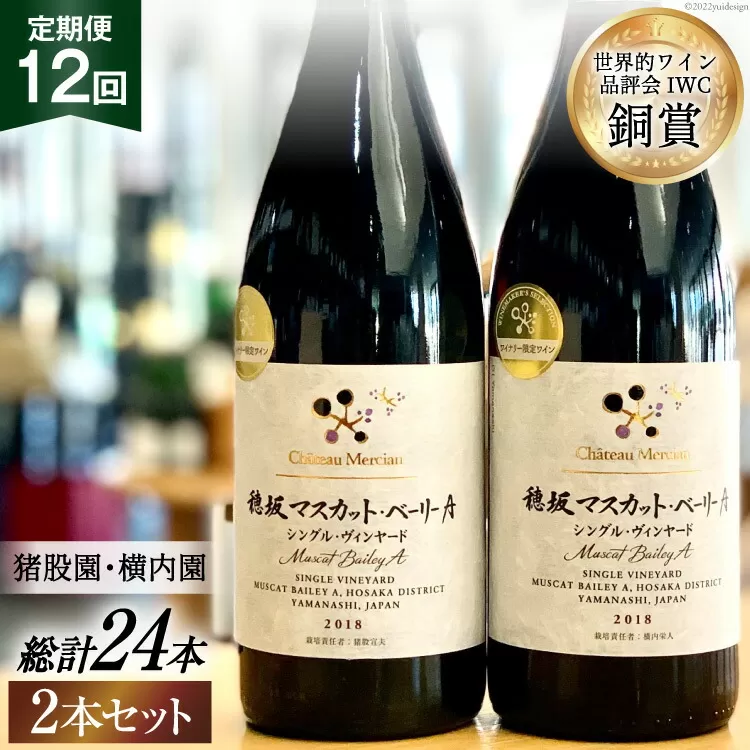 定期便 ワイン セット 穂坂マスカット・ベーリーＡ シングル・ヴィンヤード 750ml×2種×12回 酒 ワイン 赤ワイン / シャトー・メルシャン 勝沼ワイナリー / 山梨県 韮崎市 [20743314]