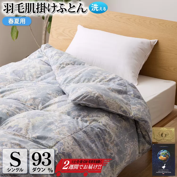 【春夏用】洗える! 羽毛布団 ダウンケット シングル ホワイトグース93% 0.4kg 抗菌防臭 青系 [川村羽毛 山梨県 韮崎市 20743704] 羽毛 布団 ふとん 羽毛ふとん 掛け布団 肌掛け布団 寝具 夏用 洗える