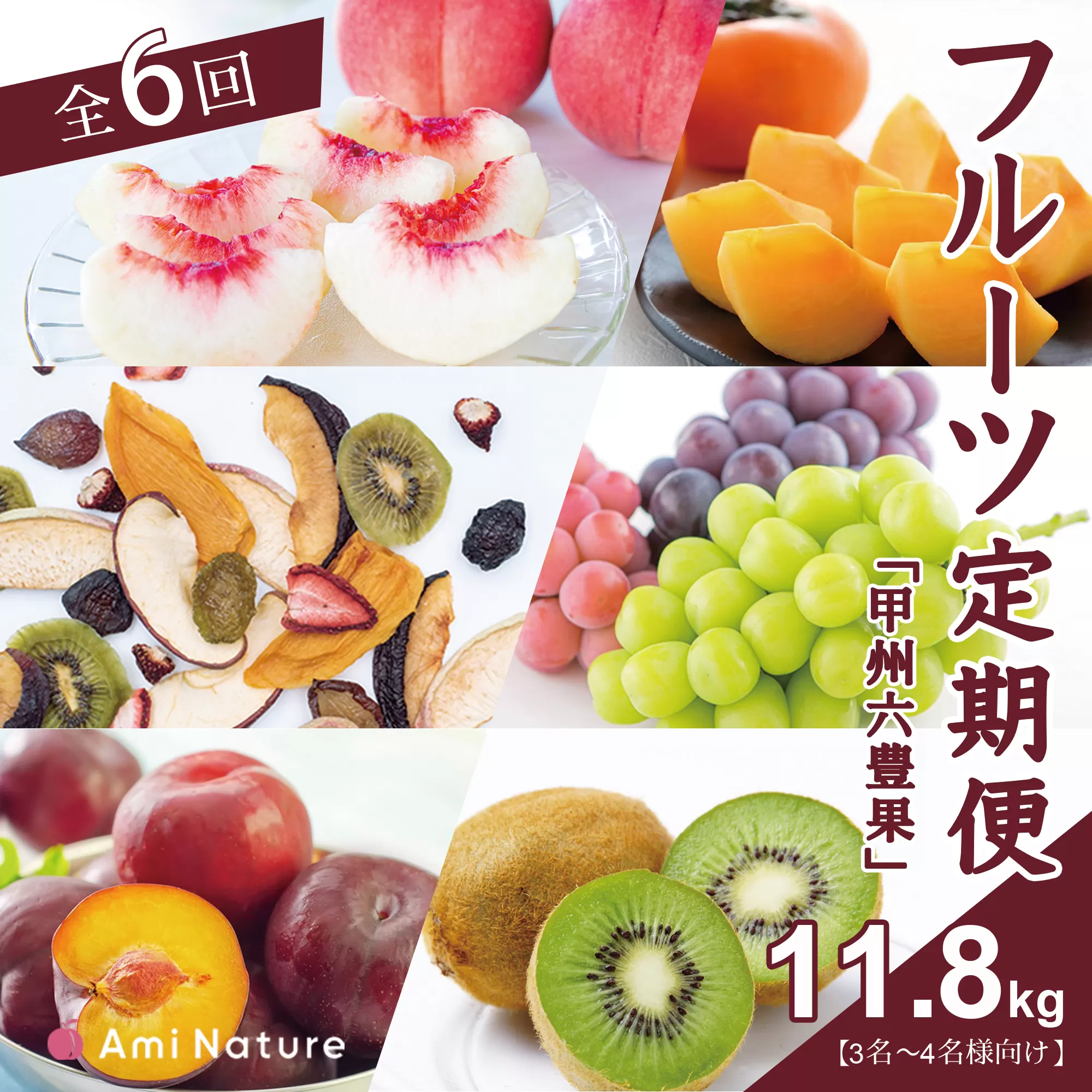 フルーツ定期便≪甲州六豊果≫全6回【3名～4名様向け】065-007_v2｜ シャインマスカット 桃 もも キウイ すもも 定期 定期便 発送 アミナチュール 笛吹市 山梨県 フルーツ 果物 ぶどう 葡萄 シャインマスカット おすすめ ピオーネ 贈答 ギフト 柿 すもも クイーンニーナ 富有柿 産地 笛吹市 シャインマスカット 笛吹 葡萄 国産 ぶどう 人気 国産 詰合せ 詰め合わせ 6回 ｜