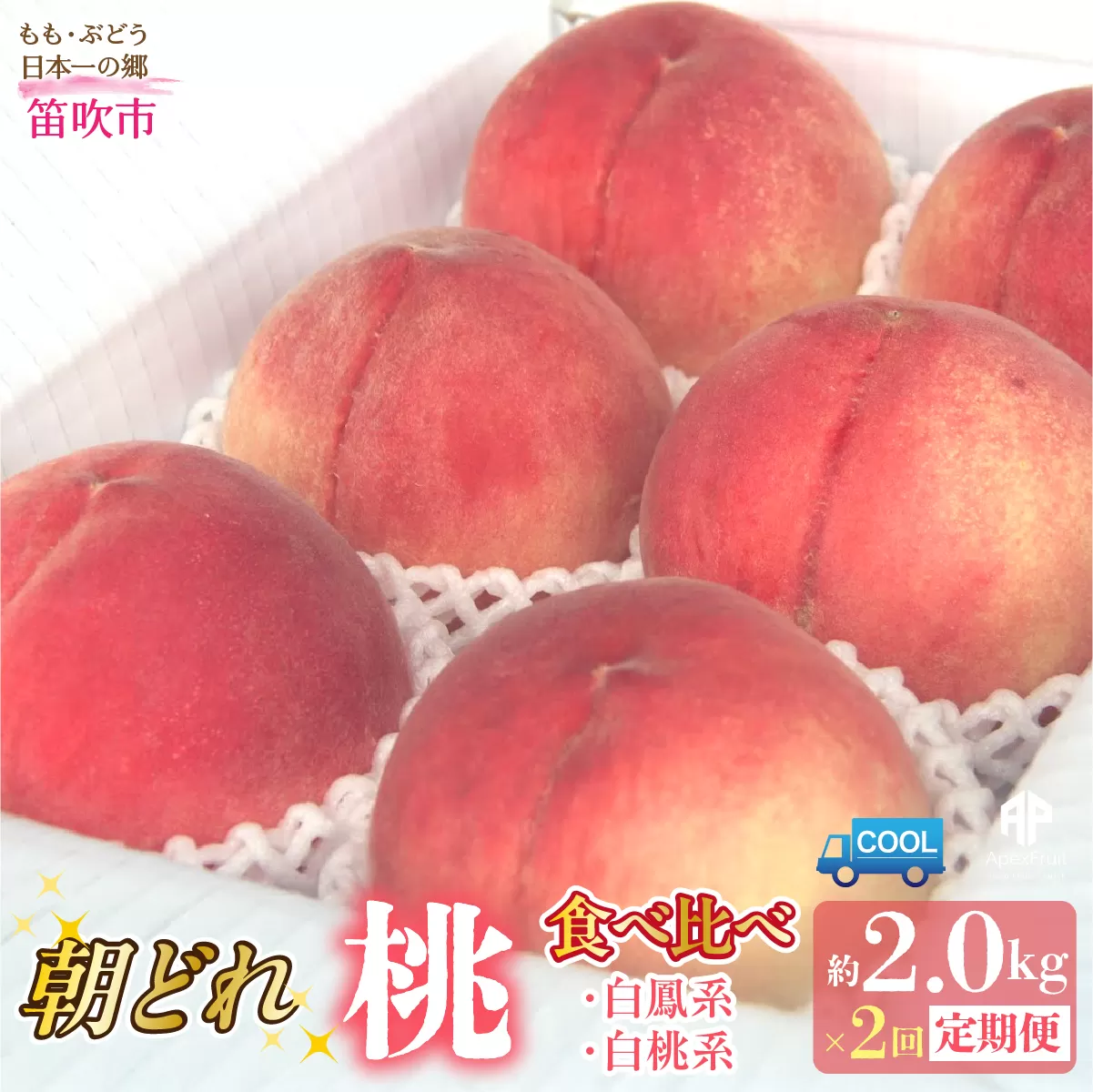 【2026年発送先行予約】笛吹市産　山梨朝どれ桃2kg×2回配送（白鳳系・白桃系） 定期便 2回（クール便） 205-023-26y