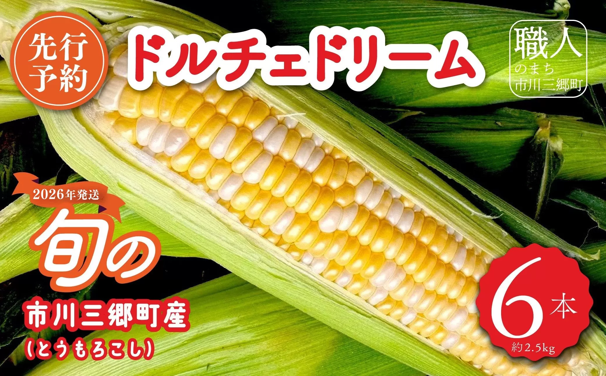 2026年6月中旬から発送【朝採り】ドルチェドリーム(とうもろこし)　６本入り（約2.5kg）　ヒルサイドオーチャード[5839-2088]