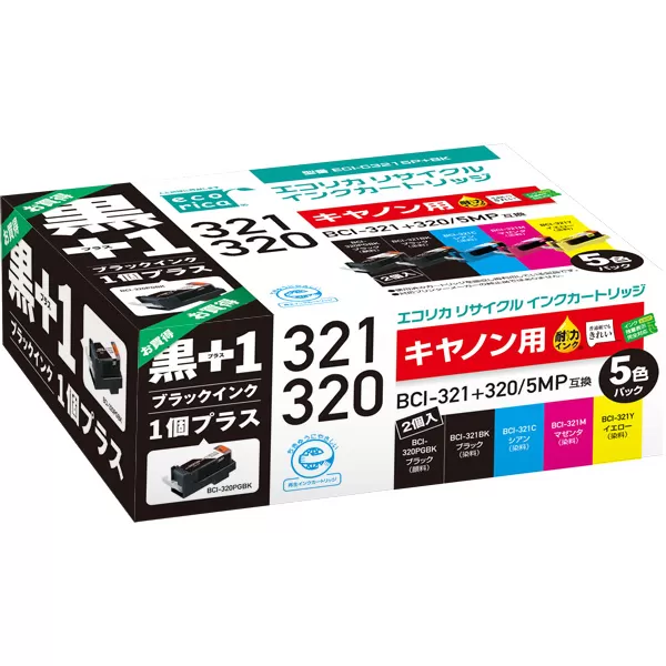 エコリカ【キヤノン用】 BCI-321+320/5MP+320PGBK互換リサイクルインク 5色パック+黒1個プラスお買い得（型番：ECI-C3215P+BK）