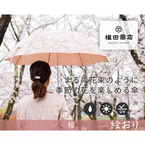 No.320 高級織物傘【婦人長傘】ベージュ系・淡く可憐に舞う「桜柄」絵おり