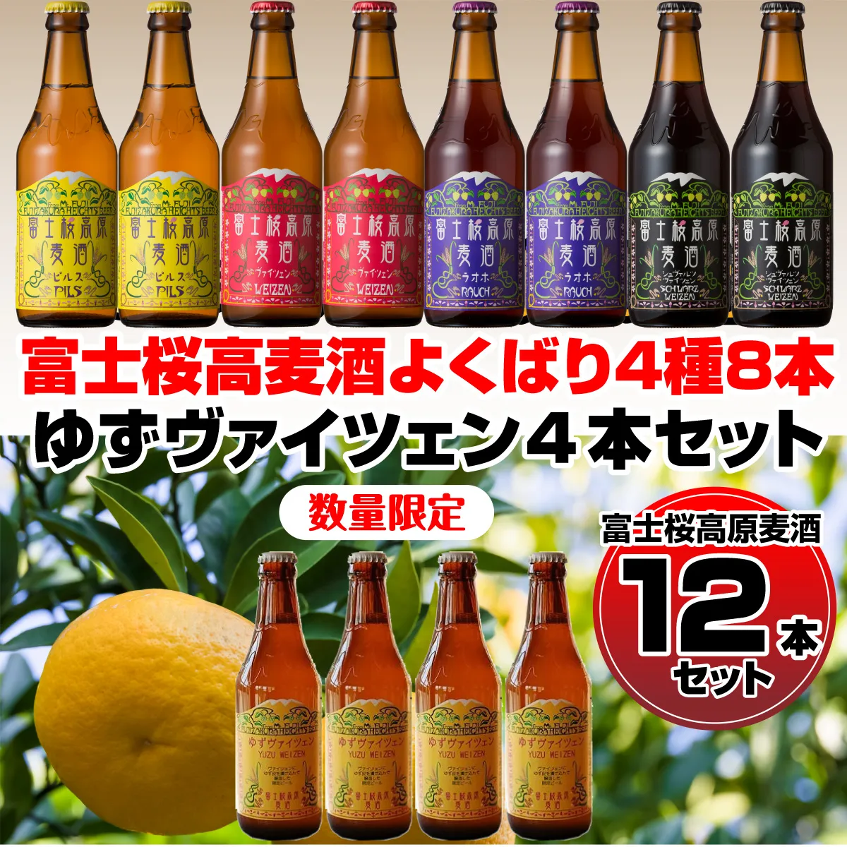 【富士河口湖地ビール】富士桜高原麦酒（ゆずヴァイツェン4本+レギュラー4種8本）数量限定クラフトビール FAD025