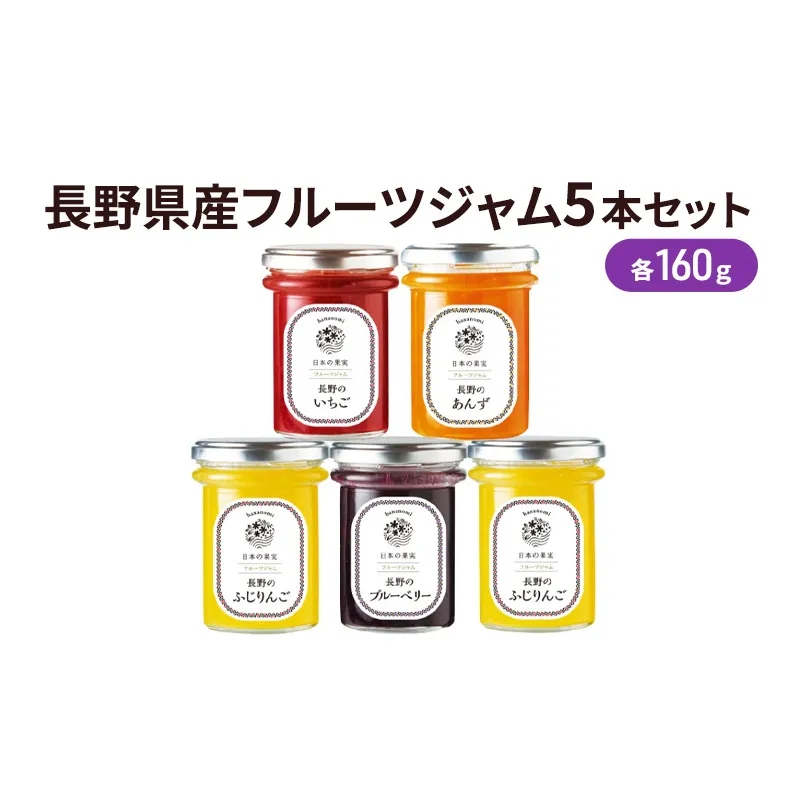 長野県産フルーツジャム5本セット　SFF-30 果実ジャム ブルーベリージャム いちごジャム あんずジャム りんごジャム 朝食 パンに塗る 食べ比べ 