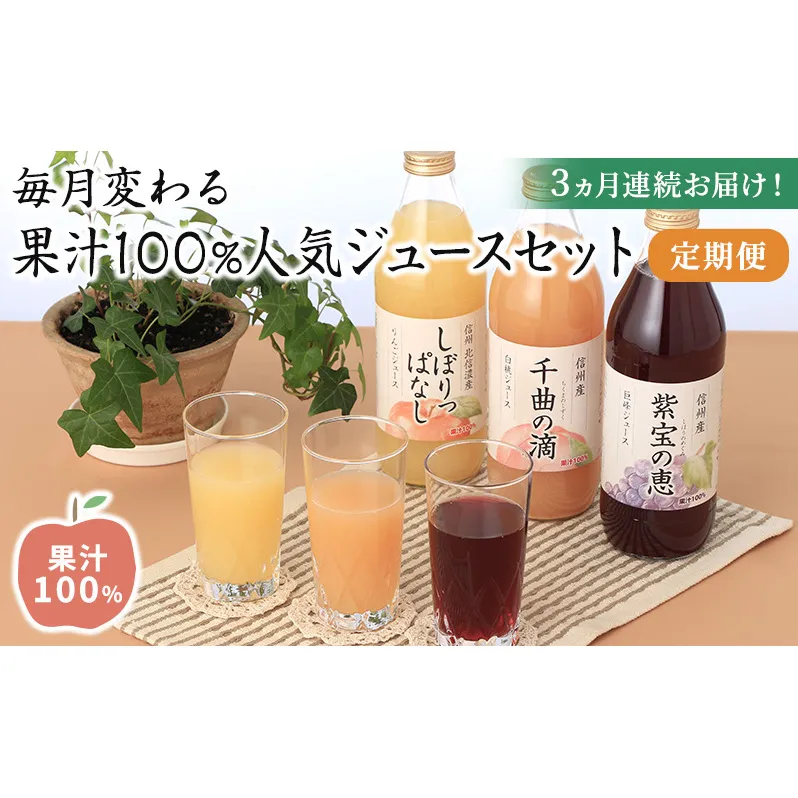 3ヵ月連続お届け！毎月変わる果汁100％人気ジュースセット定期便【1回目】りんごジュース「しぼりっぱなし」  (1L×6本)【2回目】巨峰ジュース「紫宝の恵」(1L×4本)【3回目】白桃ジュース「千曲の滴」 (1L×4本) 