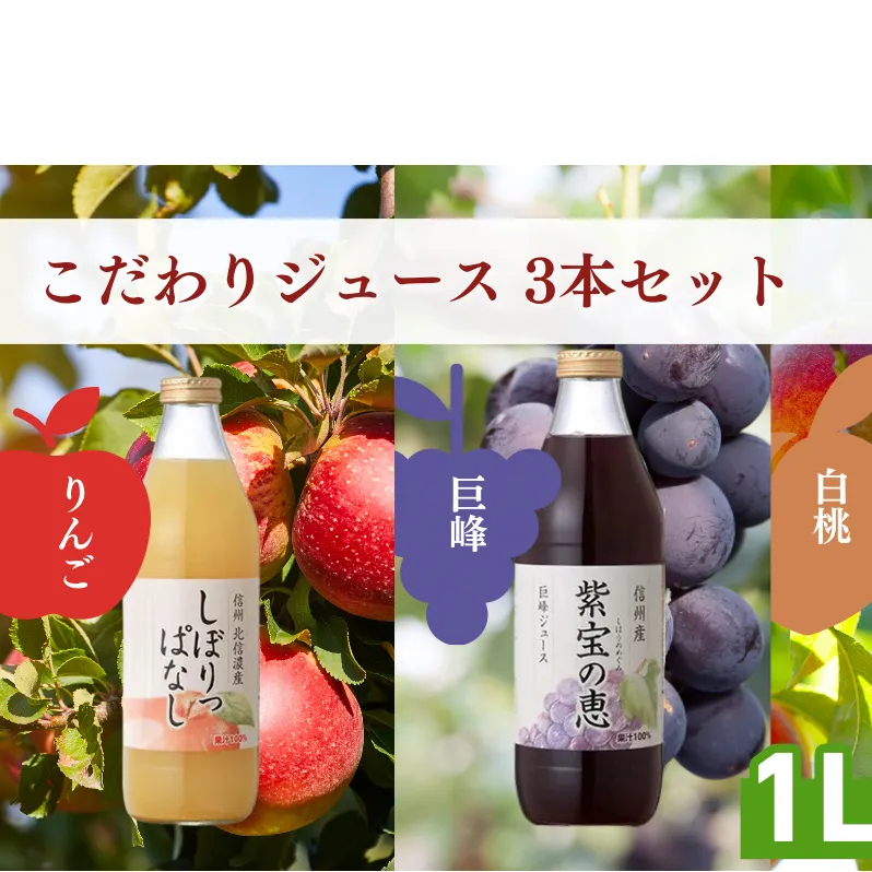 信州寿果樹園 こだわりジュース 3本セット (りんご・巨峰・白桃) 1L×各1本 果実飲料 飲料類 飲み物 フルーツジュース 果汁100％ リンゴジュース ぶどうジュース 桃ジュース 