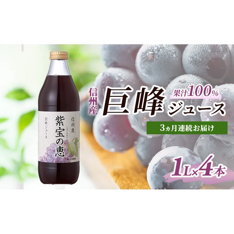 3ヵ月連続お届け 信州産 巨峰ジュース 果汁100% 「紫宝の恵」 (1L×4本)