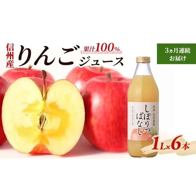 3ヵ月連続お届け 信州産 りんごジュース 「しぼりっぱなし」 果汁100% (1L×6本)