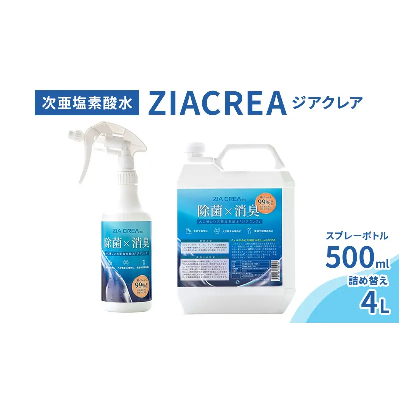 微酸性次亜塩素酸水　ZIACREA（ジアクレア）100ppm 【スプレーボトル500ml+詰め替え4L】除菌 消臭 ウイルス対策