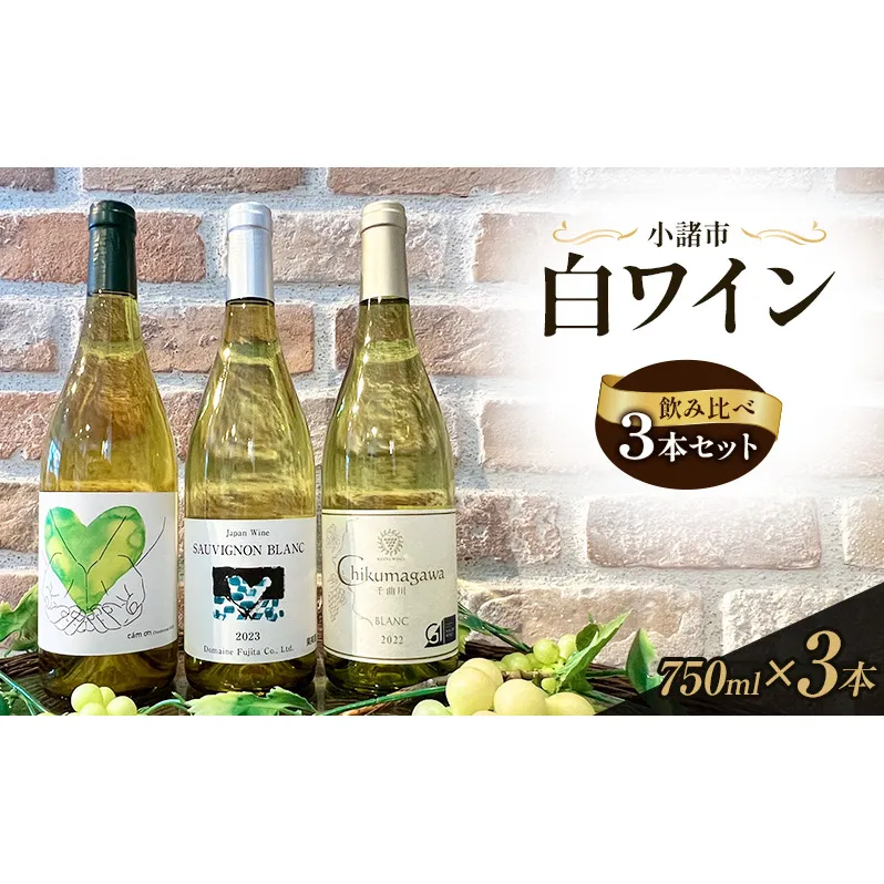 信州小諸産 白ワイン飲み比べ 3本セット　小諸市ワイン　お酒 ミネラル感 果実味 酸味 辛口 シュルリー製法 フレッシュ 家飲み 晩酌