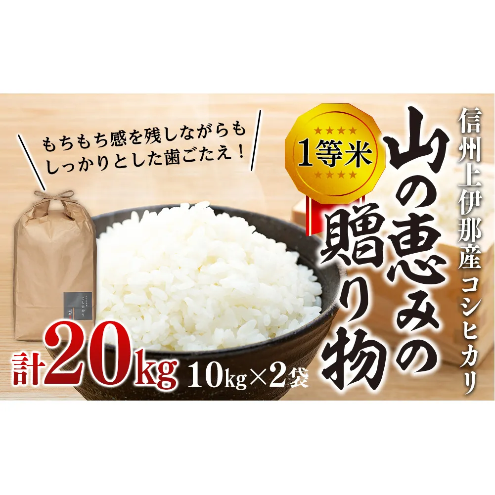 【令和7年産】信州産 コシヒカリ 1等米 「山の恵みの贈り物」 20kg（10kg×2袋） （ お米 コシヒカリ 白米 搗きたて米 低温貯蔵米 食品 ) 長野県　箕輪町