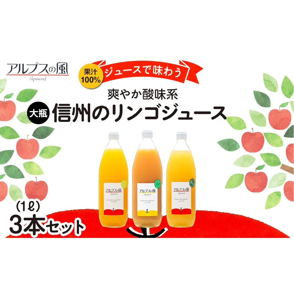 果汁100％ジュースで味わう 信州のリンゴ 爽やか酸味系 大瓶 3本 セット 詰め合わせ ジュースで味わう信州のリンゴ 爽やか酸味 リンゴ りんご 林檎 アップル アップルジュース 無添加 飲料 飲料類 甘い 豊饒な香り 濃厚 長野 長野県 信州 こだわり 果汁 希少