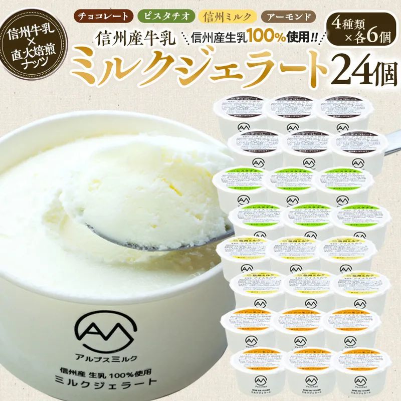ジェラート ミルクジェラート セット 詰め合わせ 24個 4種 各6個 信州産牛乳 信州 アイス スイーツ ひんやりスイーツ おやつ デザート 食後 ピスタチオ アーモンド チョコレート 箕輪町