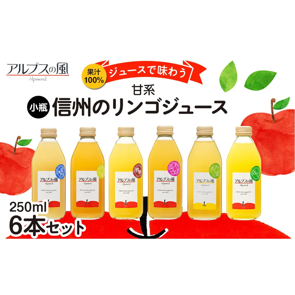 果汁100％ジュースで味わう 信州のりんご 甘系 小瓶 6本 セット 250ml 6本 セット 詰め合わせ りんごジュース 林檎ジュース ミックスジュース 信州りんご 信州りんごジュース りんご100 100％ジュース 果汁飲料 飲料 飲み物 長野 長野県 箕輪町