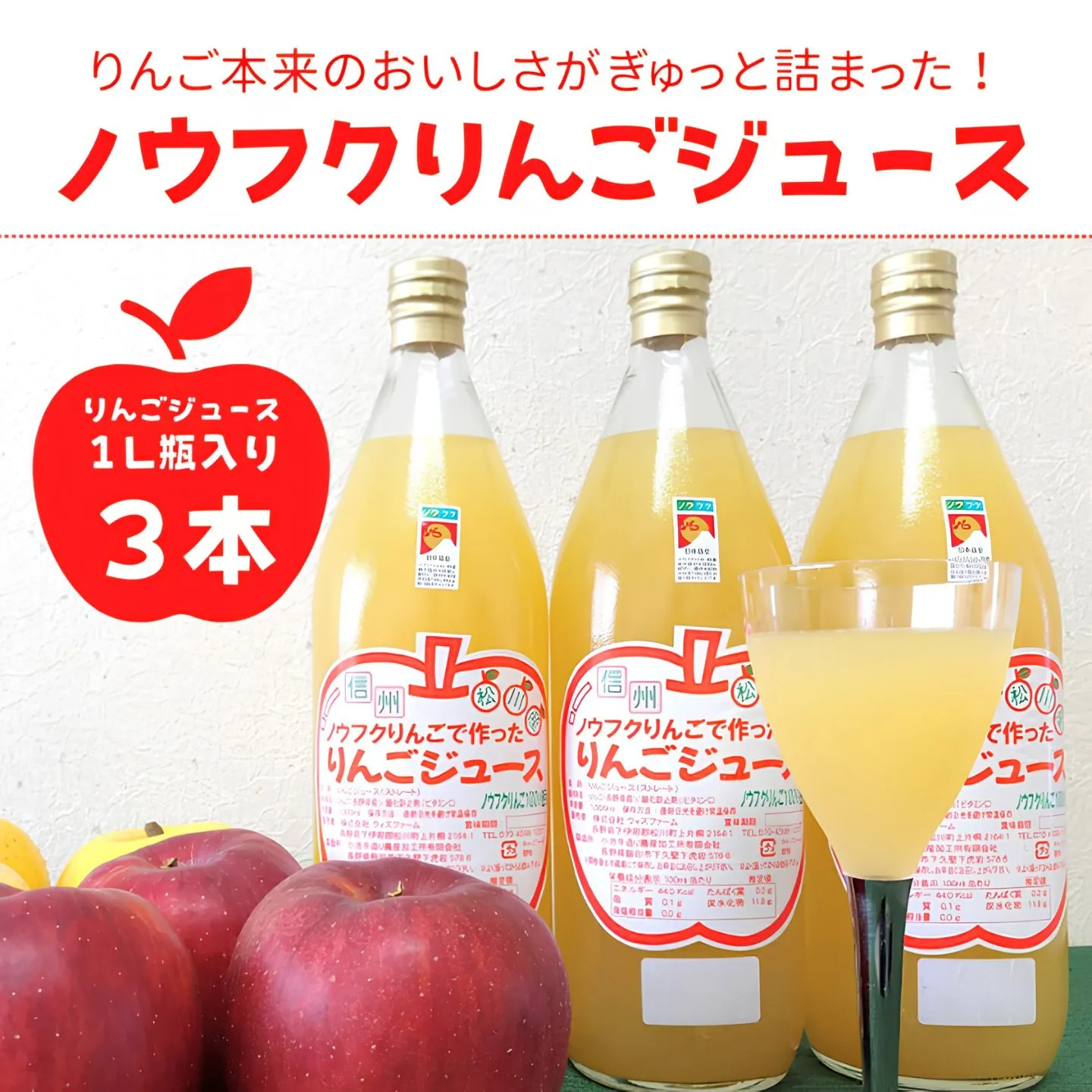 WF12 ノウフクりんごジュース 1ℓ×3本//長野県 南信州 松川町産 リンゴジュース 林檎 果汁飲料 ノウフクJAS 数量限定 農福連携 果汁100% ストレートジュース
