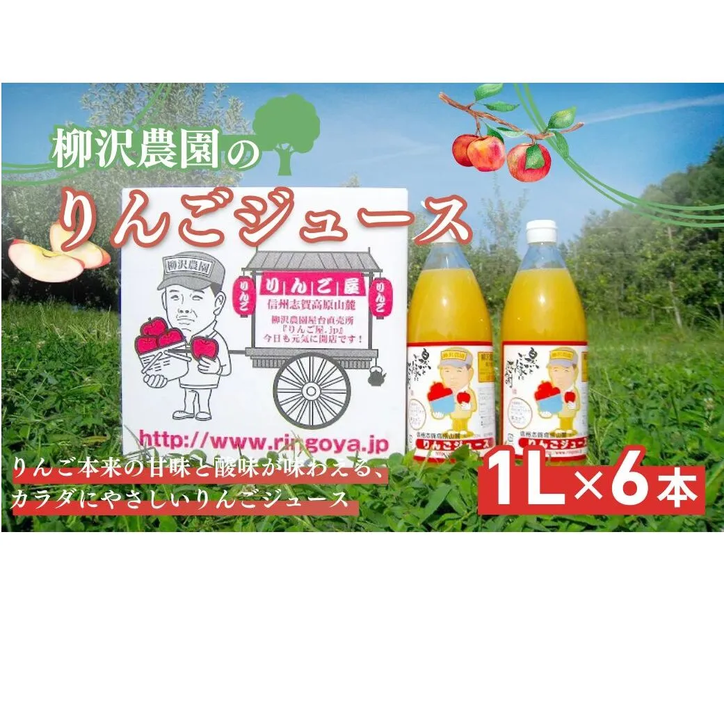 ジュース 柳沢農園のりんごジュース1Lｘ6本 りんご 飲料 果汁 サンふじ 長野 山ノ内町