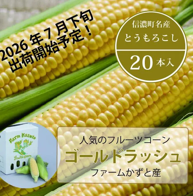2026年夏のご予約受付開始！ 信濃町名産とうもろこし『ファームかずとのゴールドラッシュ 20本セット』粒皮が薄く生でも食べられる、フルーツを凌ぐほどの甘いとうもろこし 朝採れを農場から直送　令和8年7月下旬～8月下旬出荷分 先行予約【長野県信濃町ふるさと納税】