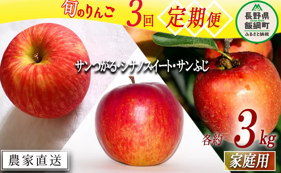 旬のりんご 【 定期便 】 家庭用 3kg × 3回 永野農園 沖縄県への配送不可 2025年9月上旬頃から2025年12月中旬頃まで順次発送予定 令和7年度収穫分 信州 果物 フルーツ リンゴ 林檎 長野 予約 農家直送 長野県 飯綱町 [1316]