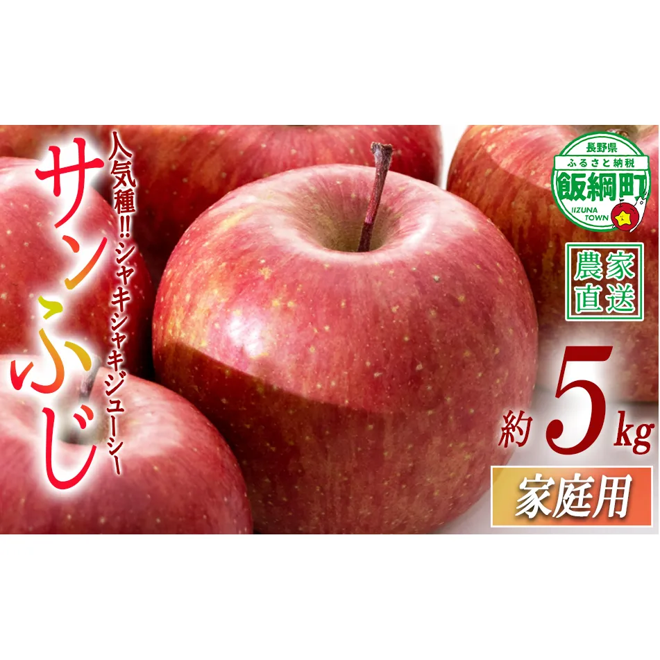 りんご サンふじ 家庭用 5kg 沖縄県への配送不可 2026年12月中旬から2026年12月下旬頃まで順次発送予定 令和8年度収穫分 静谷りんご園 減農薬栽培 信州の環境にやさしい農産物認証 長野県 飯綱町 [0876]