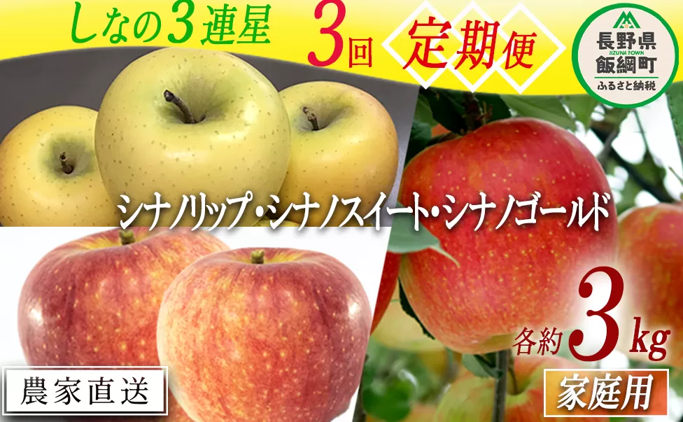 旬のりんご シナノ 三連星 【 定期便 】 家庭用 3kg × 3回 大友農場 エコファーマー認定 沖縄県への配送不可 2025年8月中旬頃から2026年1月中旬頃まで順次発送予定 令和7年度収穫分 信州 果物 フルーツ リンゴ 林檎 長野 予約 農家直送 長野県 飯綱町 [1388]