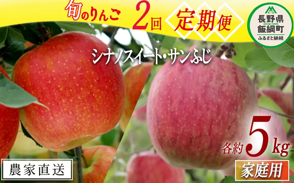 旬のりんご 【 定期便 】 シナノスイート サンふじ 家庭用 5kg × 2回 大友農場 エコファーマー認定 沖縄県への配送不可 2025年10月中旬頃から2025年12月下旬頃まで順次発送予定 令和7年度収穫分 信州 果物 フルーツ リンゴ 林檎 長野 予約 農家直送 長野県 飯綱町 [0943]