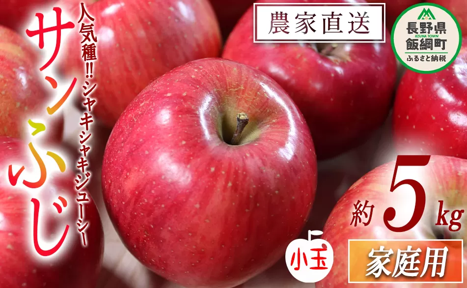 りんご サンふじ 家庭用 ( 小玉 ) 5kg 渡辺農園 沖縄県への配送不可 2025年12月中旬頃から2026年1月中旬頃まで順次発送予定 令和7年度収穫分 エコファーマー認定 減農薬栽培 長野県 飯綱町 [0803]