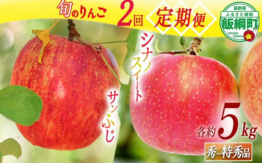 旬のりんご 【 定期便 】 秀 ～ 特秀 5kg × 2回 渡辺農園 沖縄県への配送不可 2026年10月中旬頃から2026年12月中旬頃まで順次発送予定 令和8年度収穫分 シナノスイート サンふじ エコファーマー認定 減農薬栽培 長野県 飯綱町 [1147]