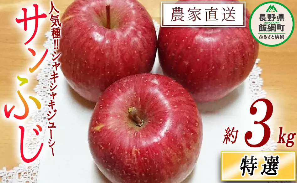 りんご サンふじ 特選 3kg やまじゅうファーム 沖縄県への配送不可 2025年12月上旬頃から2025年12月中旬頃まで順次発送予定 令和7年度収穫分 信州の環境にやさしい農産物 減農薬栽培 長野県 飯綱町 [0533]