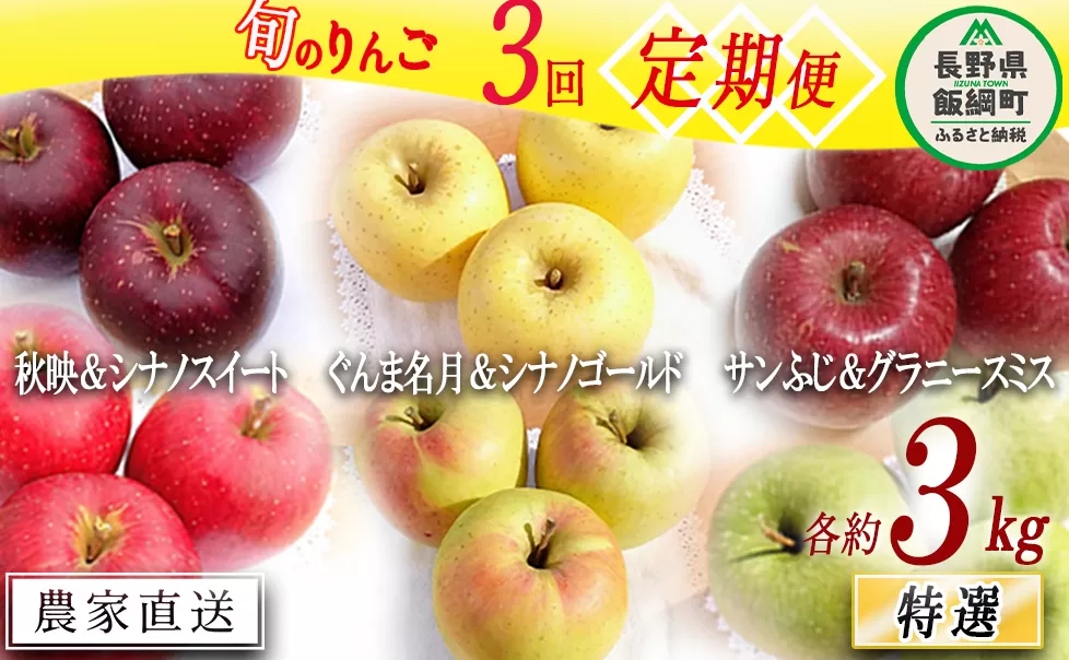 旬のりんご 【 定期便 】 2品種 詰め合わせ 特選 3kg × 3回 やまじゅうファーム 沖縄県への配送不可 2025年10月中旬頃から2025年12月下旬頃まで順次発送予定 令和7年度収穫分 信州の環境にやさしい農産物 減農薬栽培 長野県 飯綱町 [1031]