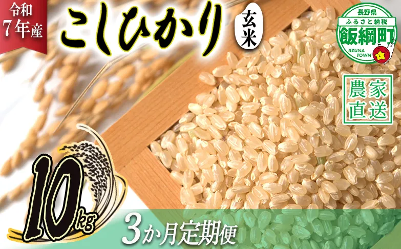 米 こしひかり ( 玄米 ) 10kg × 3回 【 3か月 定期便 】( 令和7年産 ) 2025年10月上旬頃から順次発送予定 米澤商店 コシヒカリ 玄米 長野県 飯綱町 [1357]