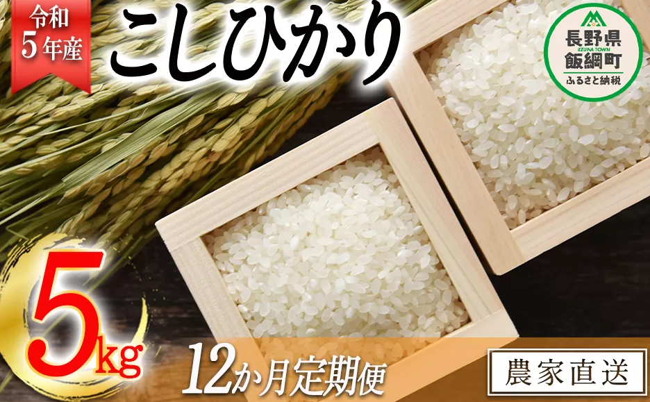 米 こしひかり 5kg × 12回 【 12か月 定期便 】( 令和5年産 ) 沖縄県への配送不可 2023年11月上旬頃から順次発送予定 米澤商店 コシヒカリ 白米 精米 長野県 飯綱町 [1351]