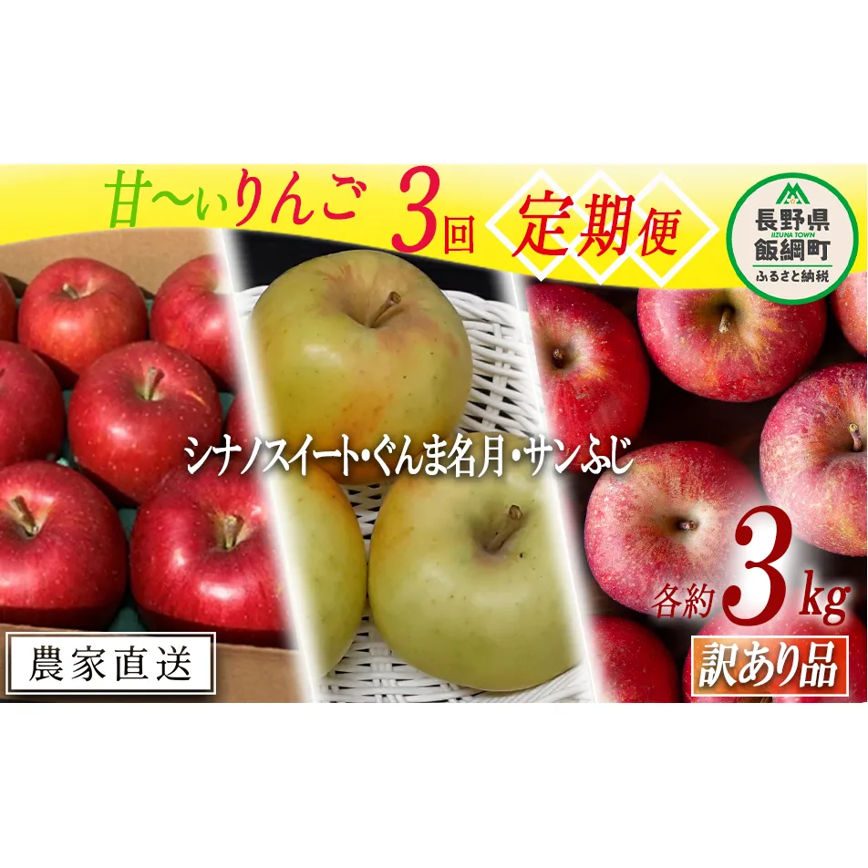 旬の甘いりんご 【 定期便 】 訳あり 3kg × 3回 ( シナノスイート ぐんま名月 サンふじ ) ファームトヤ 沖縄県への配送不可 2025年10月中旬頃から2025年12月下旬頃まで順次発送予定 令和7年度収穫分 信州 果物 フルーツ リンゴ 林檎 長野 31500円 予約 農家直送 長野県 飯綱町 [1838]