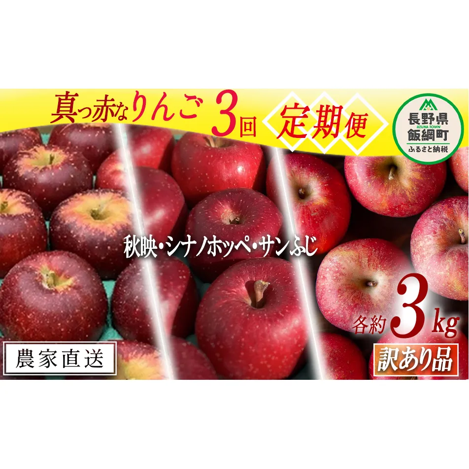 旬の赤いりんご 【 定期便 】 訳あり 3kg × 3回 ( 秋映 シナノホッペ サンふじ ) ファームトヤ 沖縄県への配送不可 2025年10月上旬頃から2025年12月中旬頃まで順次発送予定 令和7年度収穫分 信州 果物 フルーツ リンゴ 林檎 長野 31500円 予約 農家直送 長野県 飯綱町 [1837]