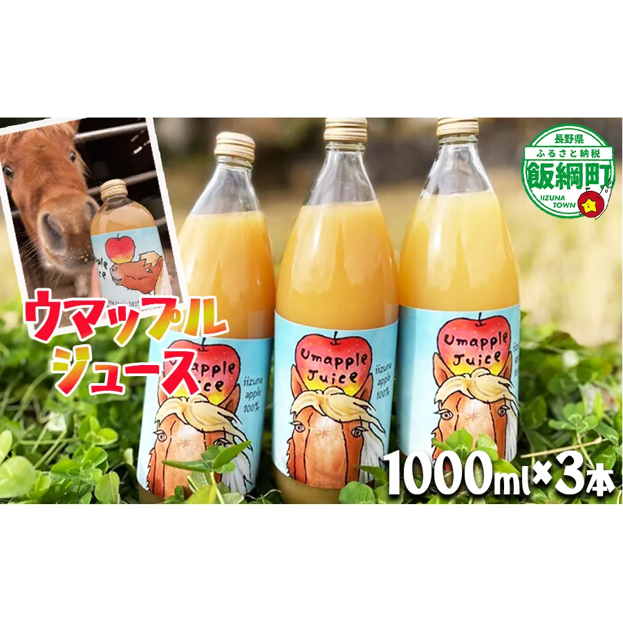 【 自社飼育 馬ふんたい肥 使用 】  UMAPPLEジュース ウマップルジュース りんごジュース 1000ml × 3本 酸化防止剤不使用 果汁100% 合同会社馬と 沖縄県への配送不可 飲料 果汁飲料 りんご リンゴ 林檎 ( サンふじ あいかの香り 王林 ) ジュース 信州 農家直送 ポニー エディ 長野県 飯綱町 [2070]