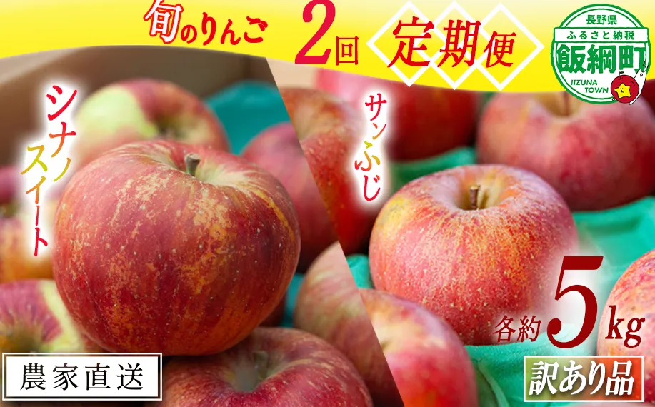 旬のりんご 【 定期便 】 訳あり 5kg × 2回 ヤマハチ農園 沖縄県への配送不可 2026年10月上旬頃から2026年12月下旬頃まで順次発送予定 令和8年度収穫分 BLOF理論栽培 傷 不揃い リンゴ 林檎 果物 フルーツ 信州 長野 予約 農家直送 長野県 飯綱町 [1944]