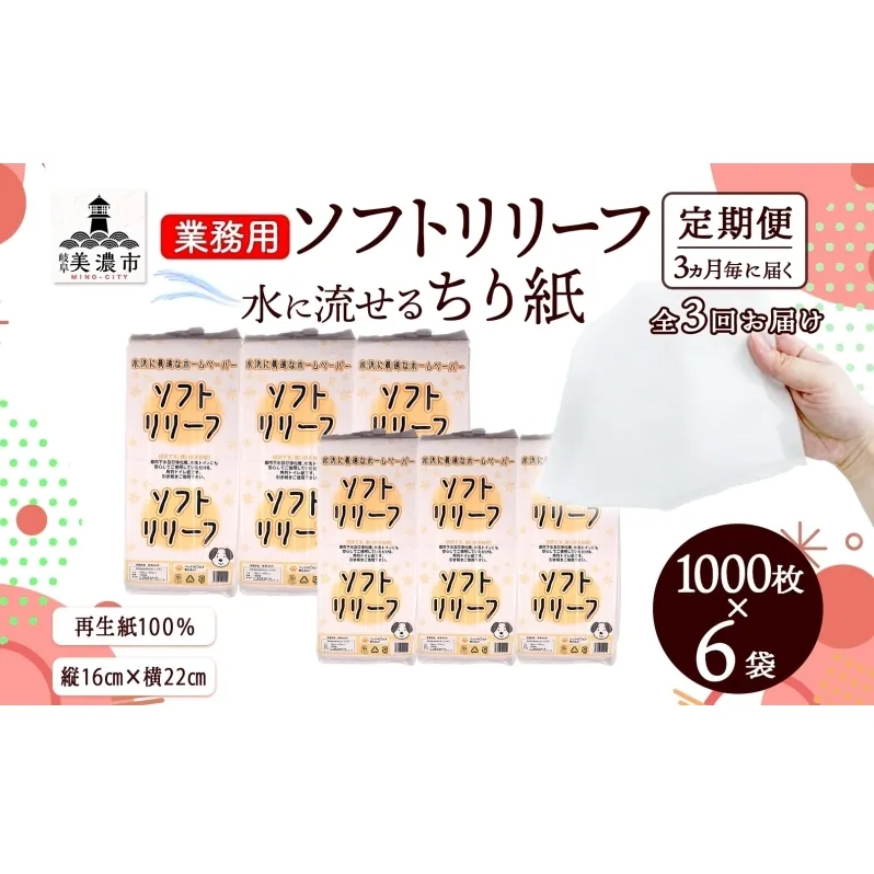 定期便 3ヶ月毎3回お届け ちり紙 リリーフ 1000枚×6袋 紙 無香料 ティッシュペーパー 落とし紙 ペーパー 紙 紙製品 日用品 消耗品 紙製品 ストック 備蓄 生活必需品 エコ まとめ買い トイレに流せる 介護 川一製紙 送料無料 岐阜県 美濃市　　　　　　　　