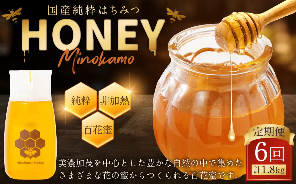 【6ヶ月定期便】国産 無添加 MINOKAMO HONEY はちみつ 1本（300g）×6回 ｜ 藤井養蜂 蜂蜜 ハニー 非加熱 純粋 百花蜜 定期便 岐阜