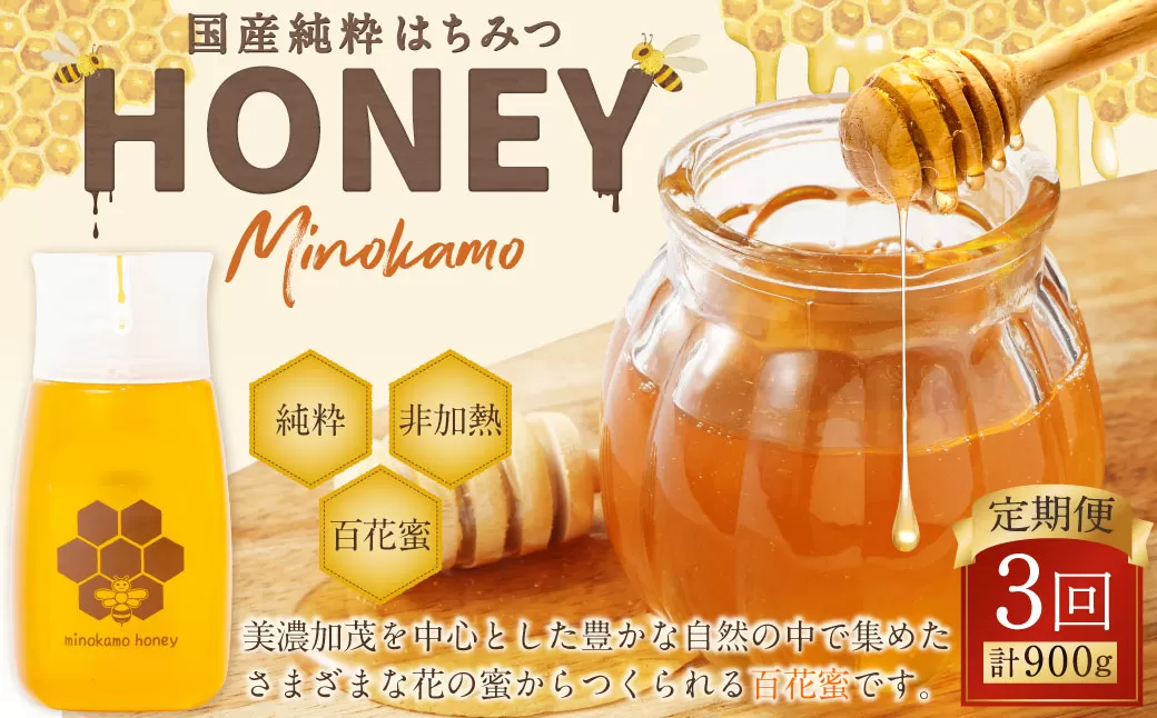 【3ヶ月定期便】国産 無添加 MINOKAMO HONEY はちみつ 1本（300g）×3回 ｜ 藤井養蜂 蜂蜜 ハニー 非加熱 純粋 百花蜜 定期便 岐阜