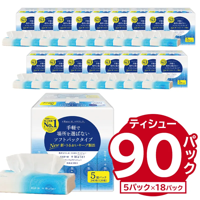 エリエール +Water（プラスウォーター）ソフトパックティシュー　120W5P×18パック ソフトパックティッシュ ティッシュ ソフトパック ティッシュペーパー 箱なし 日用品 新生活 備蓄 防災 消耗品 生活雑貨 生活用品 パルプ100％ 0095-016